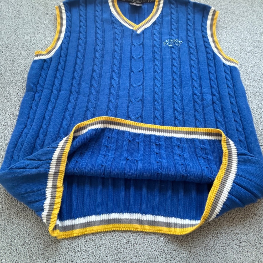 FUBU Sweater Vest Mens XXXL Blue Cable Knit V-Neck Striped VTG Tennis Golf - Picture 6 of 10